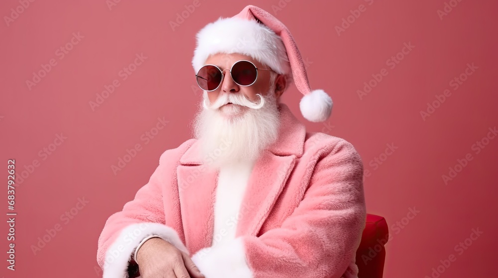 Modern Santa Claus in sunglasses. Full body view of Santa Claus on solid color background with copy space. Current Santa Claus.