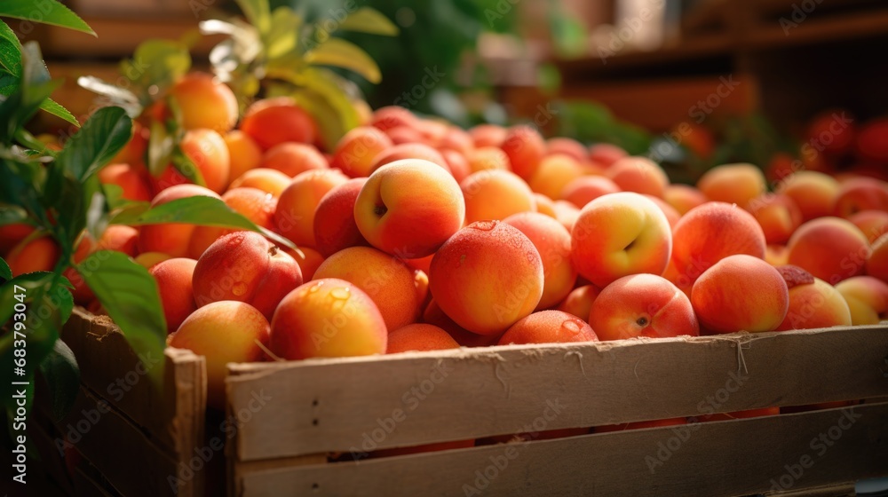 Fruit row at the market. Close-up of a box of apricots. National Apricot Day Concept