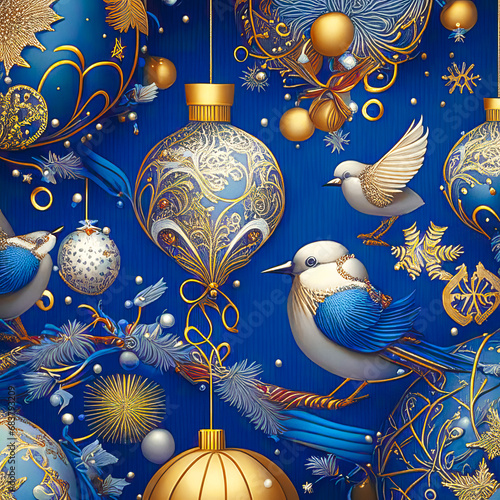 New Year  Christmas fantastic background with golden balls  snowflakes and birds