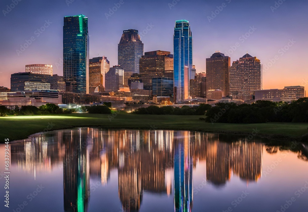 Naklejka premium Skyline Serendipity: Texas' Dallas Skyline Reflections at Twilight.