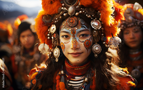 Closed up portrait Tribal Ethiopia Tibetian and Mongolian women in ethnic tradition and native culture of costume with decorated jewellery natural handmade.