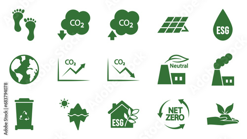 Icon collection with zero emissions esg symbol concept. greenhouse gas carbon credit design set. protect ecological green vector glyph. carbon net zero neutral natural. carbon footprint art pictogram