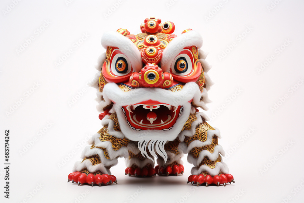 traditional Chinese New Year lion dance comes to life, symbolizing celebration and good fortune. The lively performance unfolds against a clean white backdrop. Generative AI.
