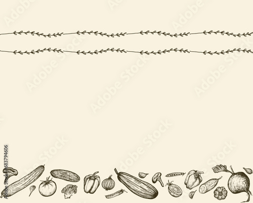 Horizontal border of Vegetables sketch with delicate Floral border. Hand-drawn Harvest on beige background. Vector illustration