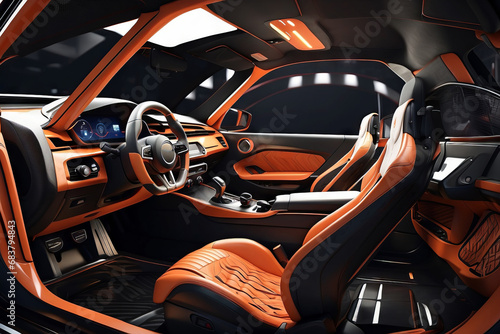 Modern orange interior of premium car with leather seats. Steering wheel, shift lever, front seats and dashboard. © liliyabatyrova
