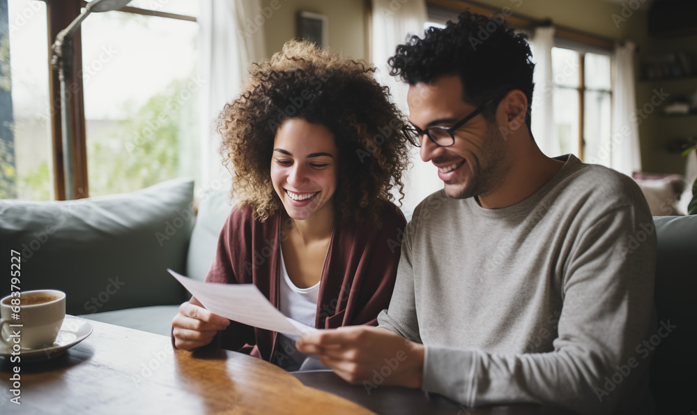 Happy Couple Man Woman Reading Good News Letter Happy Couple Man Woman Reading Good News Letter