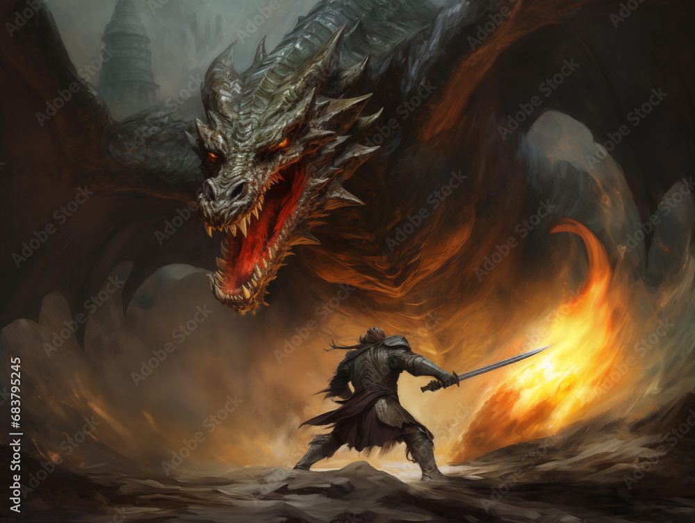 Dragon Fighting Warrior Fantasy Illustration Art Dragon Fighting Warrior Fantasy Illustration Art