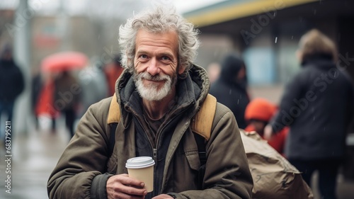 Photo of a homeless man wearing old clothes with grey hair holding hot coffee or tea on cold winter street outdoors