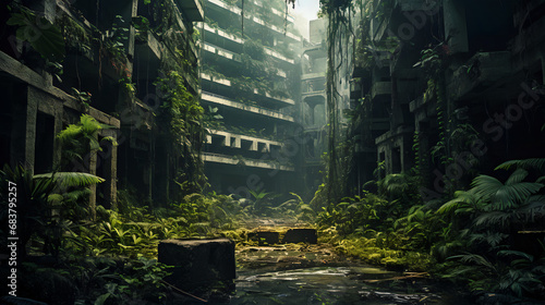 abandoned high building with jungle photo