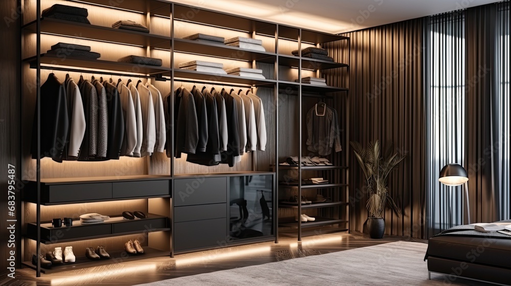 Elegant minimalist male walk in wardrobe with clothes hanging on rods, shelves and drawers. Dressing room with space for storing and organizing accessories. Elegant minimalist male walk in wardrobe with clothes hanging on rods, shelves and drawers. Dressing room with space for storing and organizing accessories.