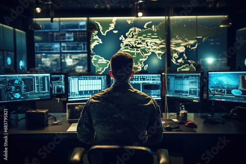 A Military Surveillance Officer is working in a central office hub to manage national security and army communications through a tracking operation focused on cyber control and monitoring