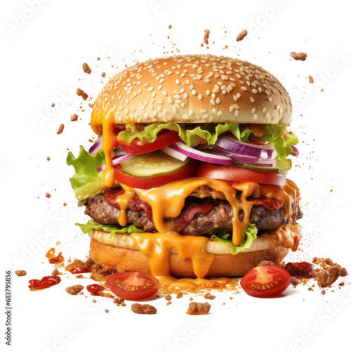 Large delicious juicy smoky burger separated on ingredients floating in air
