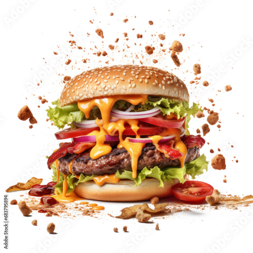 Large delicious juicy smoky burger separated on ingredients floating in air
