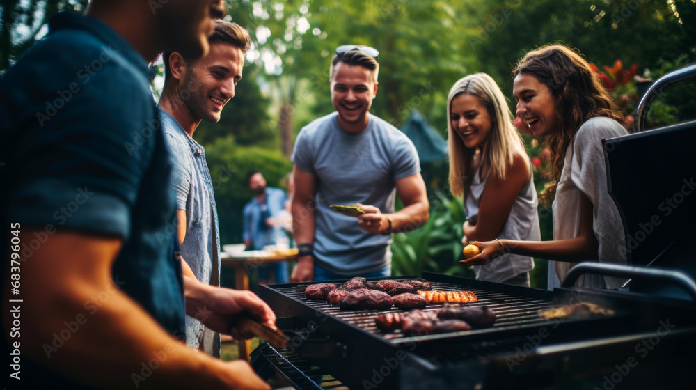 A group of friends enjoying a fun barbecue party together. Summer Bbq party with happy friends and delicious grilled food. A group of friends enjoying a fun barbecue party together. Summer Bbq party with happy friends and delicious grilled food.