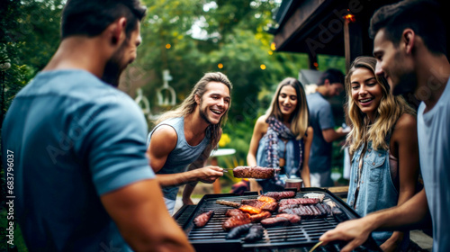 A group of friends enjoying a fun barbecue party together. Summer Bbq party with happy friends and delicious grilled food. photo