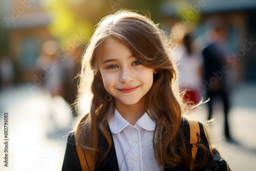Wallpaper Mural Child girl smiling at school. Education. Back to school. AI.​ Torontodigital.ca