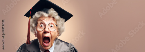Surprised old female student in graduation clothes. Scholar concept with copy space.
