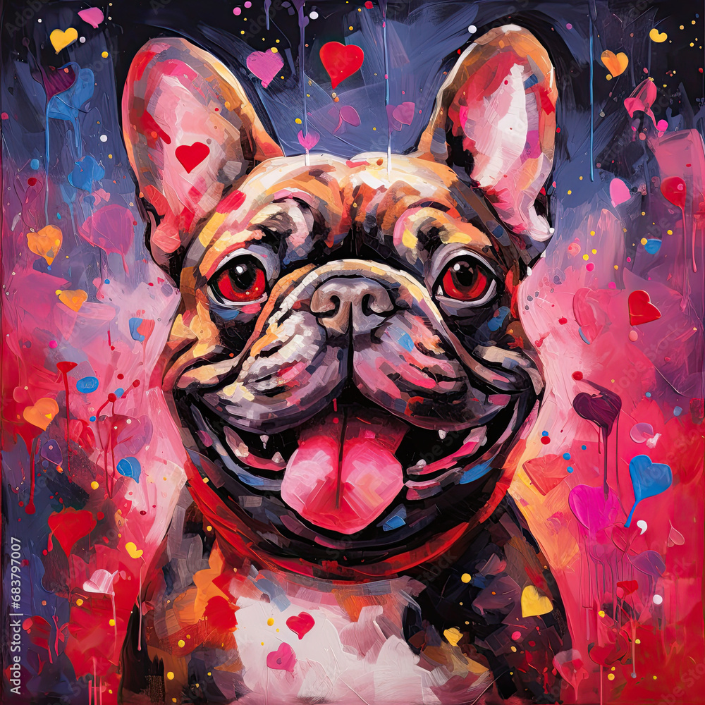 Valentine's Day watercolor painting of a French bulldog adorned with love hearts