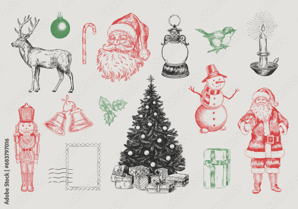 Vintage Christmas Collection. Engraving style illustration with Santa Claus, decor, gifts, snowman etc.