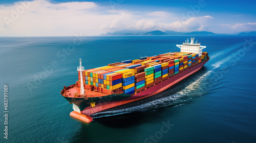 Aerial view of container cargo ship, import export commerce business trade logistic and transportation of International by container cargo ship, Freight shipping maritime