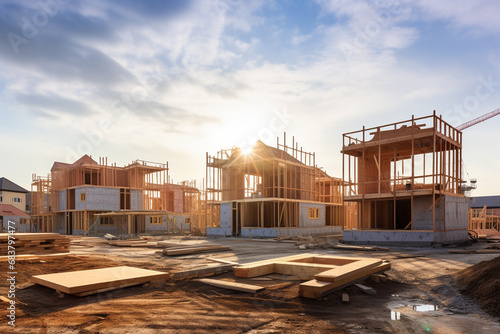 Perspective view of residential buildings under construction progress in the work site. Generative AI.