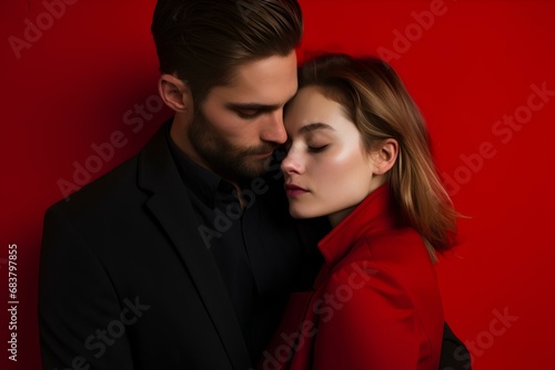 Portrait of a young happy couple in love on a red background.