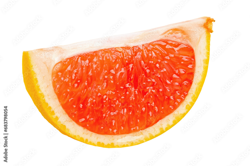 Ripe slice of pink grapefruit citrus fruit isolated on white background. File contains clipping path. Ripe slice of pink grapefruit citrus fruit isolated on white background. File contains clipping path.