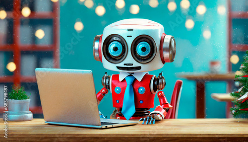 Cute and childlike robot sitting at a desk with a computer in a room adorned with Christmas decorations