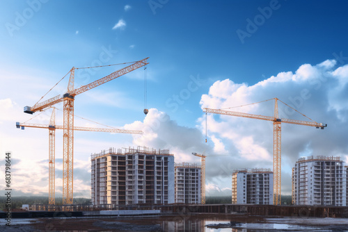 A building real estate of a condominium, hotel, flat, or apartment under construction with industrial cranes on a clear sky background. Generative AI.