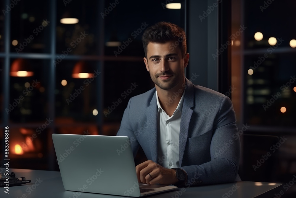 Confident businessman working late on laptop in modern office at night. Confident businessman working late on laptop in modern office at night.