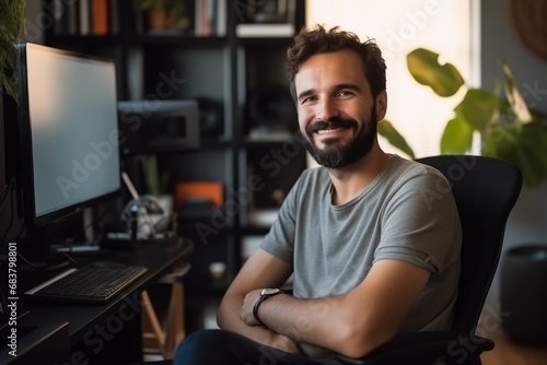Smiling bearded man sitting at desk with computer in a modern home office, casual style.