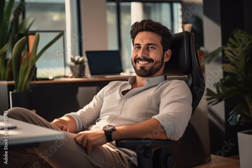 Confident businessman smiling in office chair, casual professional at workplace.