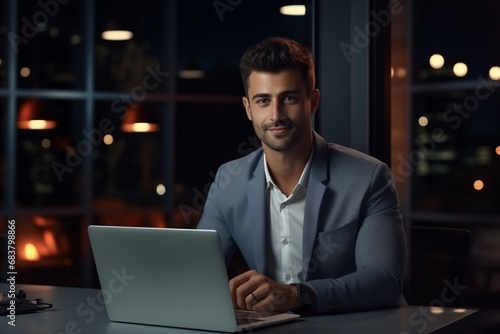 Confident businessman working late on laptop in modern office at night.
