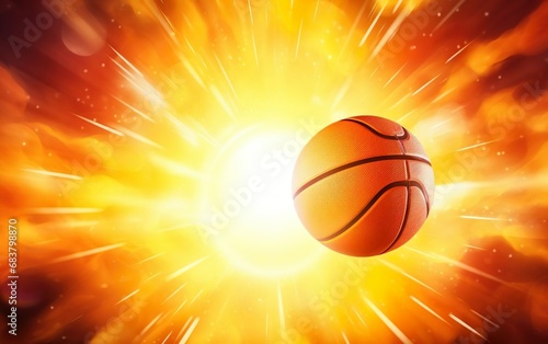 Moving orange basketball ball graphic poster. March madness banner design with the sun burst. Three quarters view team sport icon, backlight. Bright colors. Fire motion rays background. AI Generative. © your_inspiration