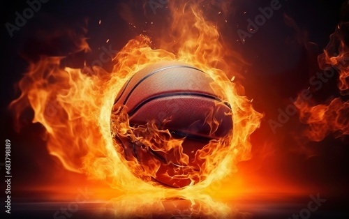 Photorealistic orange basketball ball icon in the center burning on black background. March madness poster design. Red fire flames, side view team sport equipment. Open bright colors. AI Generative.