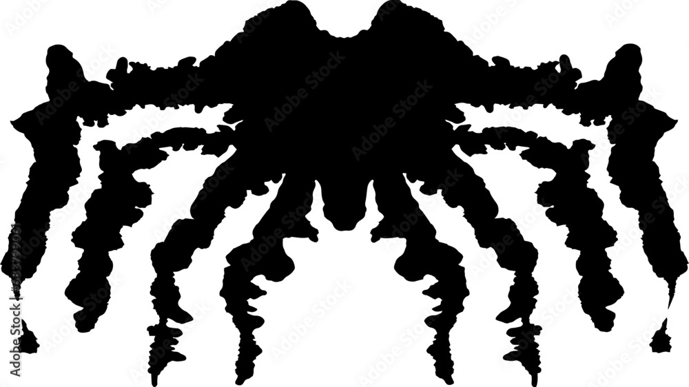 Obraz premium A vector illustration of an inkblot in the distinct shape of a nightmarish spider. A Rörschach test. Psychology, nightmares, phobias, spiders. 