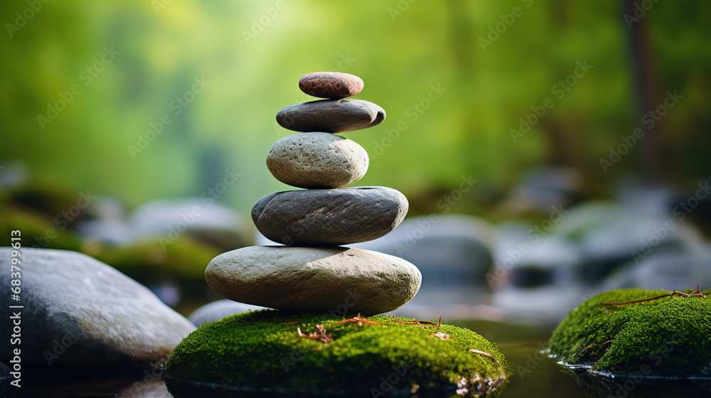 Balanced Rock Zen Stack. Stack of zen stones on nature background. Stones balanced on top of each other on the stone with moss
