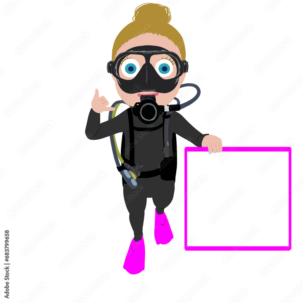 Girl scuba diver with message board 