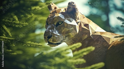 Portrait of a Puma in a polygonal geometric shape, photo in a national geographic natural environment.