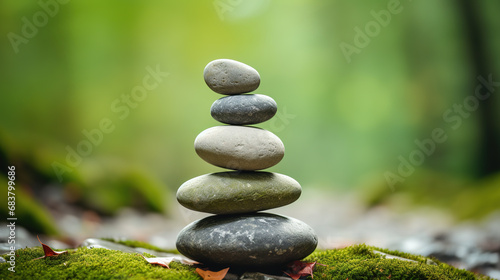 Balanced Rock Zen Stack. Stack of zen stones on nature background. Stones balanced on top of each other on the stone with moss