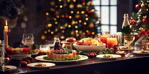 Festive table with food and drinks in room at home to celebrate Christmas with family