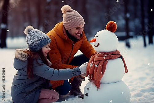 Happy smiling dad and daughter making snowman in snowy park in winter