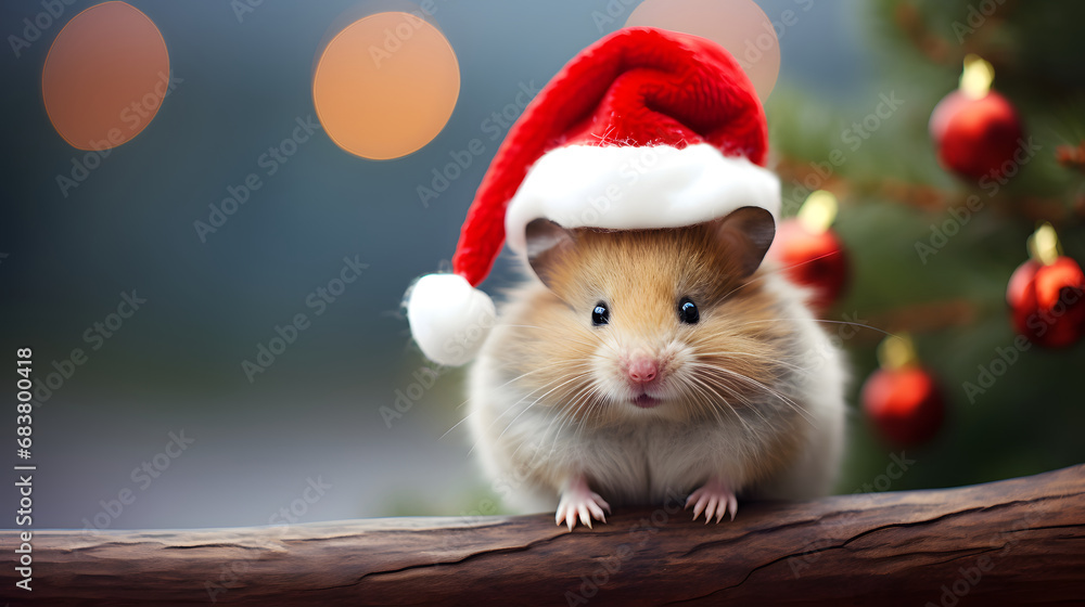 Adorable Hamster in Santa Hat with Christmas Tree Bokeh Background Adorable Hamster in Santa Hat with Christmas Tree Bokeh Background