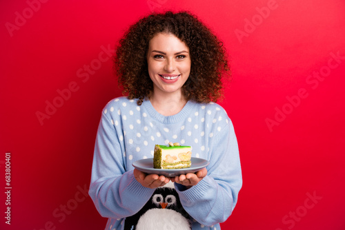 Photo of cheerful cute lady wear ugly new year pullover cooking tasty sweet dessert isolated red color background © deagreez