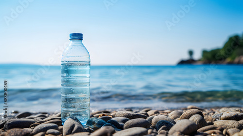 Cold Bottle of Water on Pebble Beach with Clear Blue Sea Background
