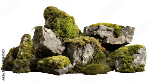 cluster of moss-laden rocks isolated on white, transparent PNG