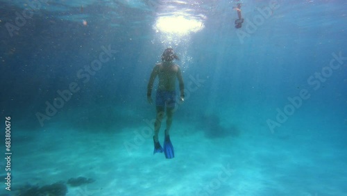 Wallpaper Mural Scuba diving, man and swimming underwater in ocean for adventure, travel and freedom on holiday or vacation. Diver, person and snorkeling in sea with gear by surface or undersea exploration at seabed Torontodigital.ca