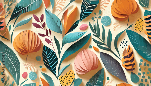 Abstract background with leaves and flowers, Matisse style. Vector seamless pattern with Scandinavian cut out elements. photo