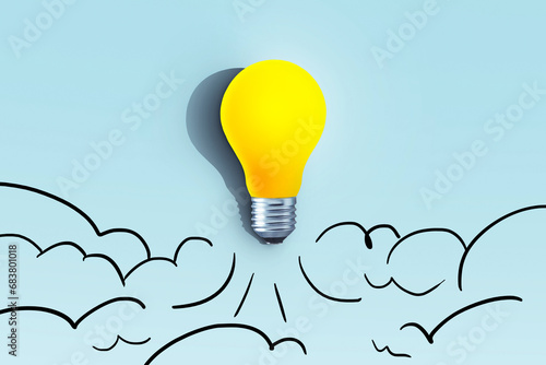 Creative yellow light bulb rocket with blast and clouds of smoke paint takes off. Creative idea, concept. Generation of new thoughts and ideas. Science and technology. Think differently. Launch photo