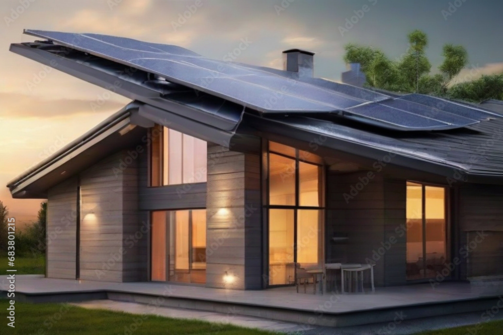 photovoltaic solar panels in modern house roof. Alternative and Renewable energy concept